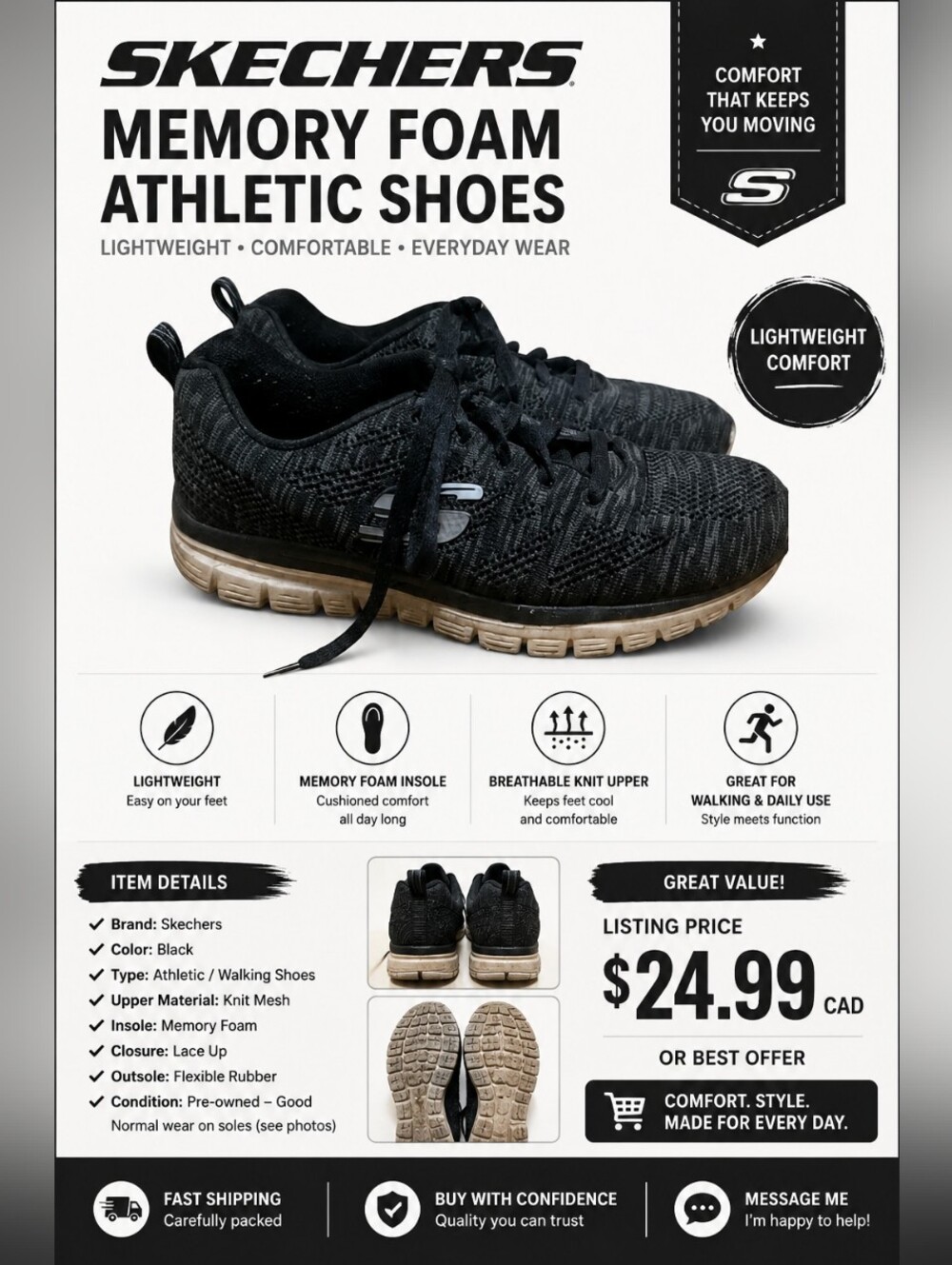 Skechers Memory Foam Black Knit Walking Shoes Women's Athletic Sneakers Comfort